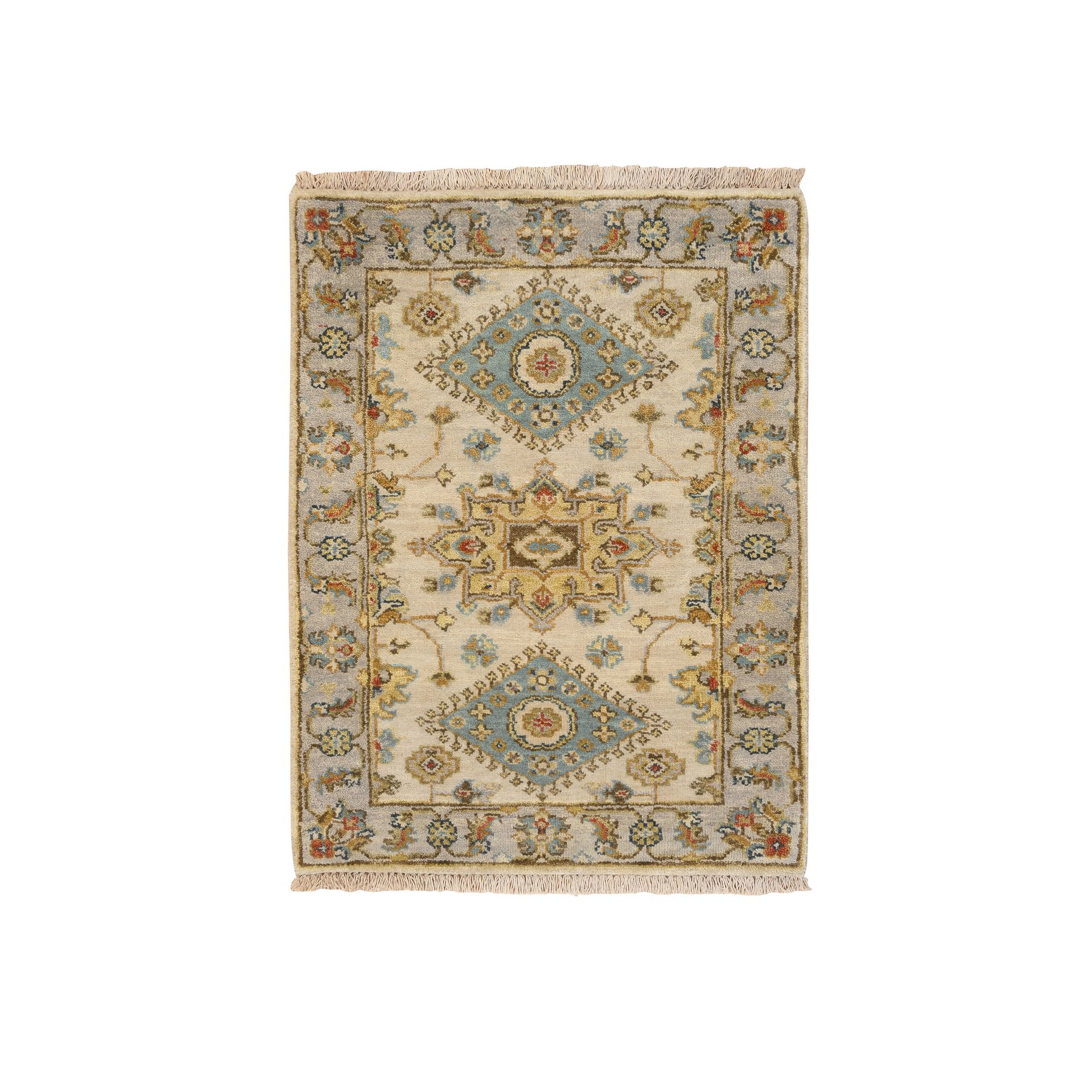 2'1"x3' Ivory and Gray, Karajeh Design with Tribal Medallions, Organic Wool Hand Knotted, Mat Oriental Rug 